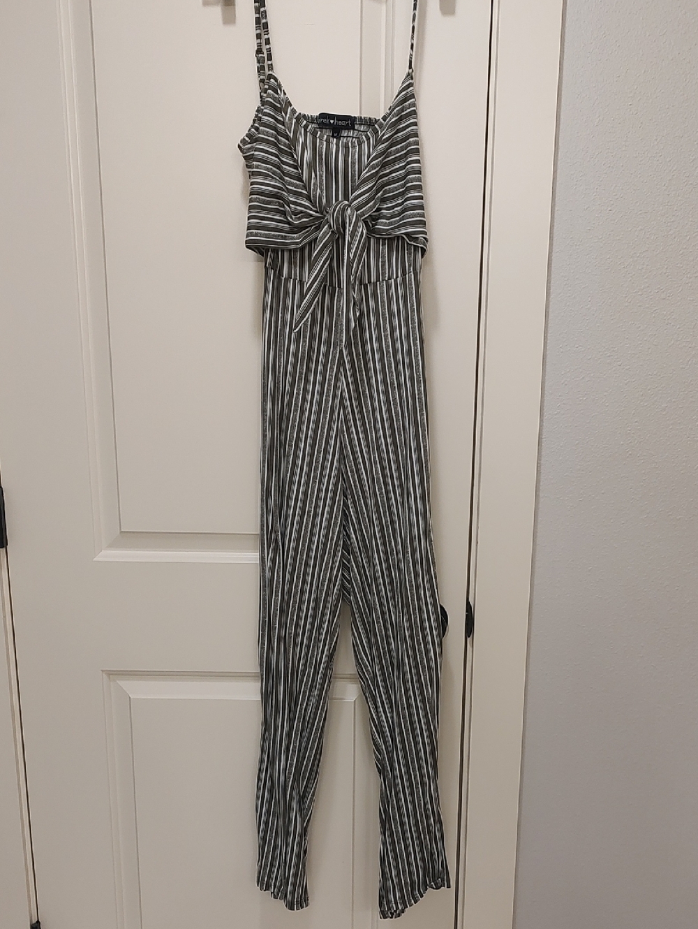 Striped Tie-Front Jumpsuit in Gray and White